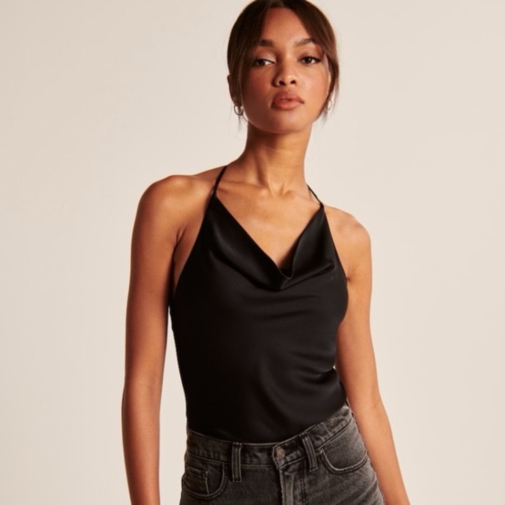 Abercrombie & Fitch Black Cowl Neck Satin T-Back Sleeveless Bodysuit Cami